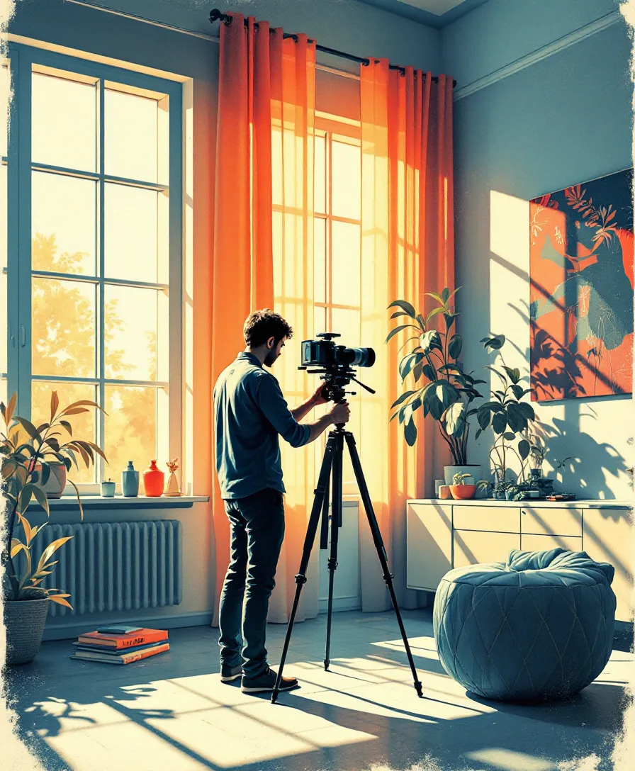 An architectural photographer setting up a tilt-shift camera inside a sunlit modern interior