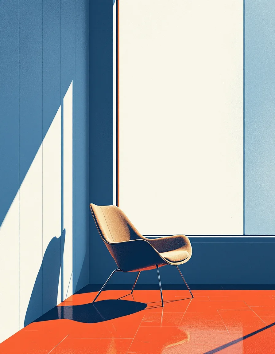 Risograph illustration of a sunlit modern interior with a single designer chair